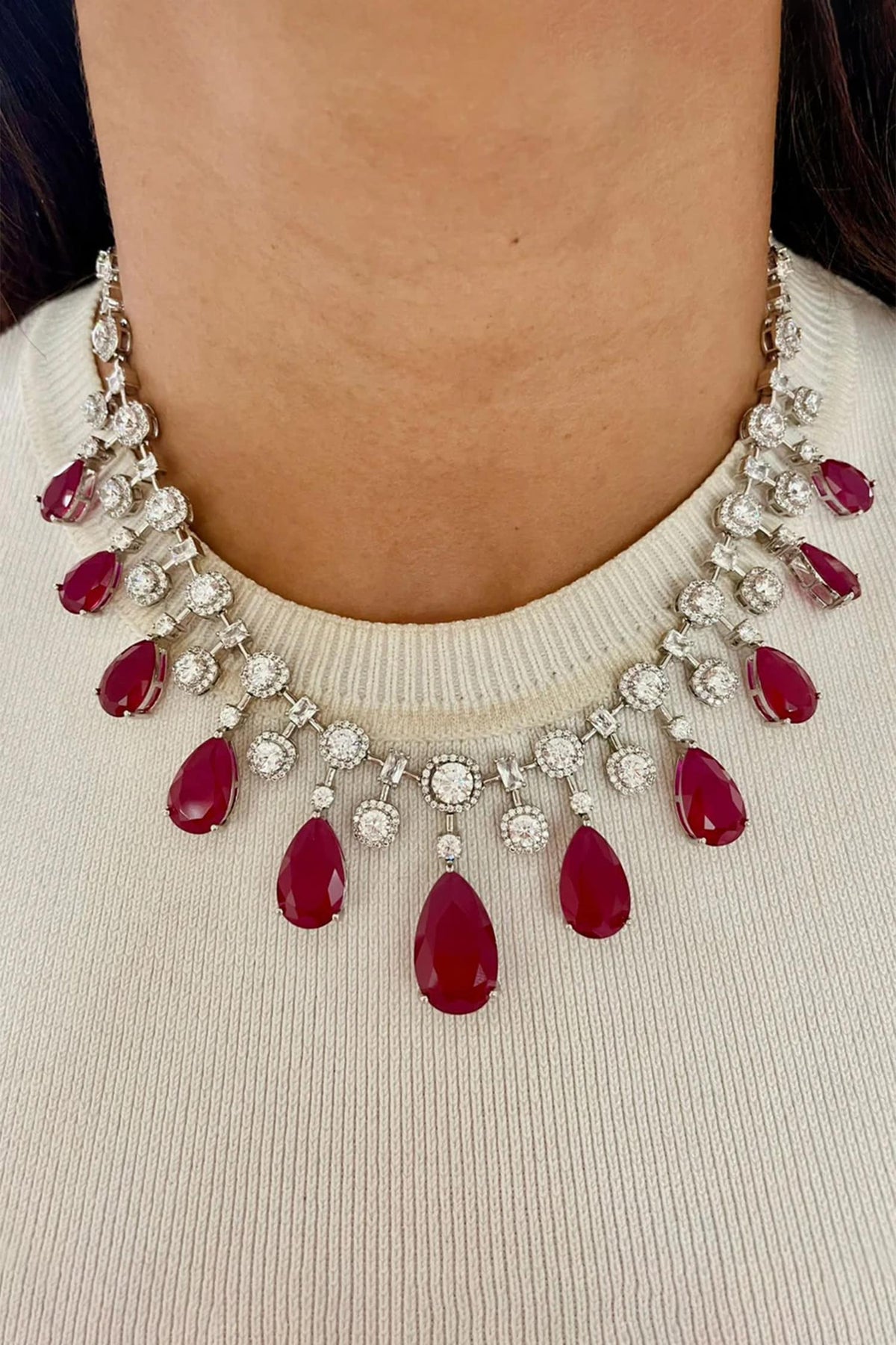 Rabta Ruby Tear Drops Circular Diamond Necklace Set 