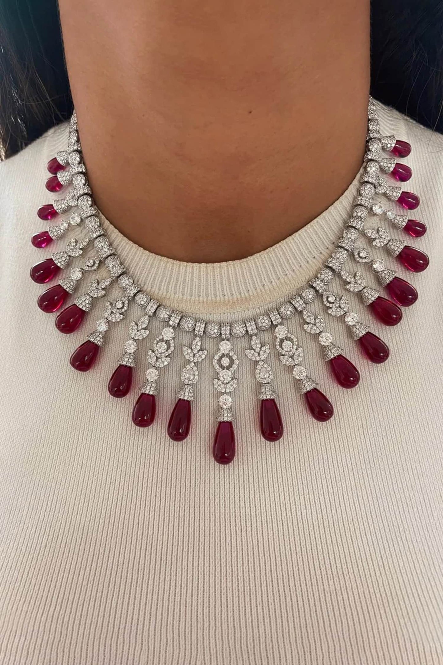Ruby Drops Leaflet Diamond Circular Necklace Set 