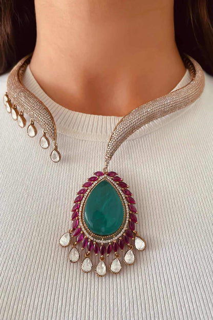 Zircon Studded Moissanite Drops Doublet Open Choker Set 