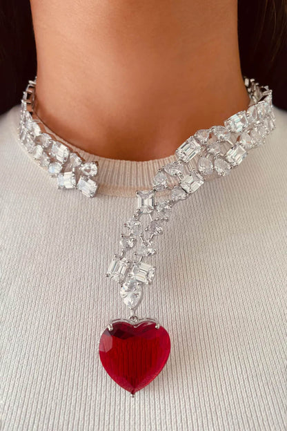 Geometric Ruby Heart Drop Necklace Set 