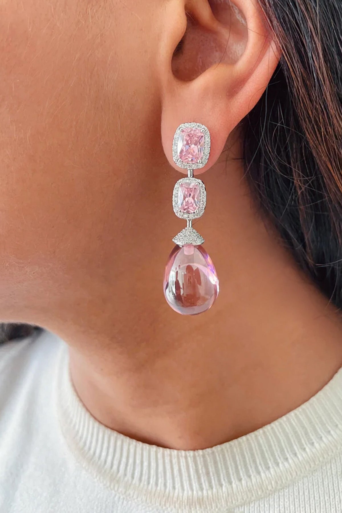 Zircon & Pink Stone Drop Necklace Set 