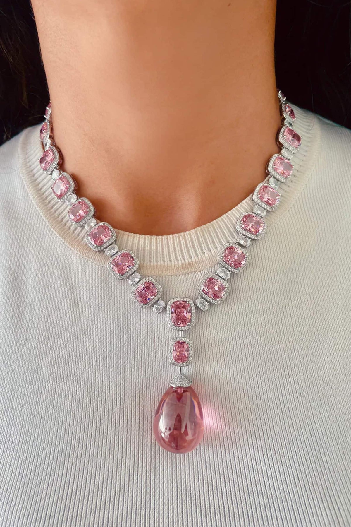 Zircon & Pink Stone Drop Necklace Set 