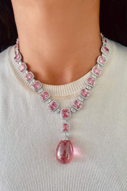 Zircon & Pink Stone Drop Necklace Set 