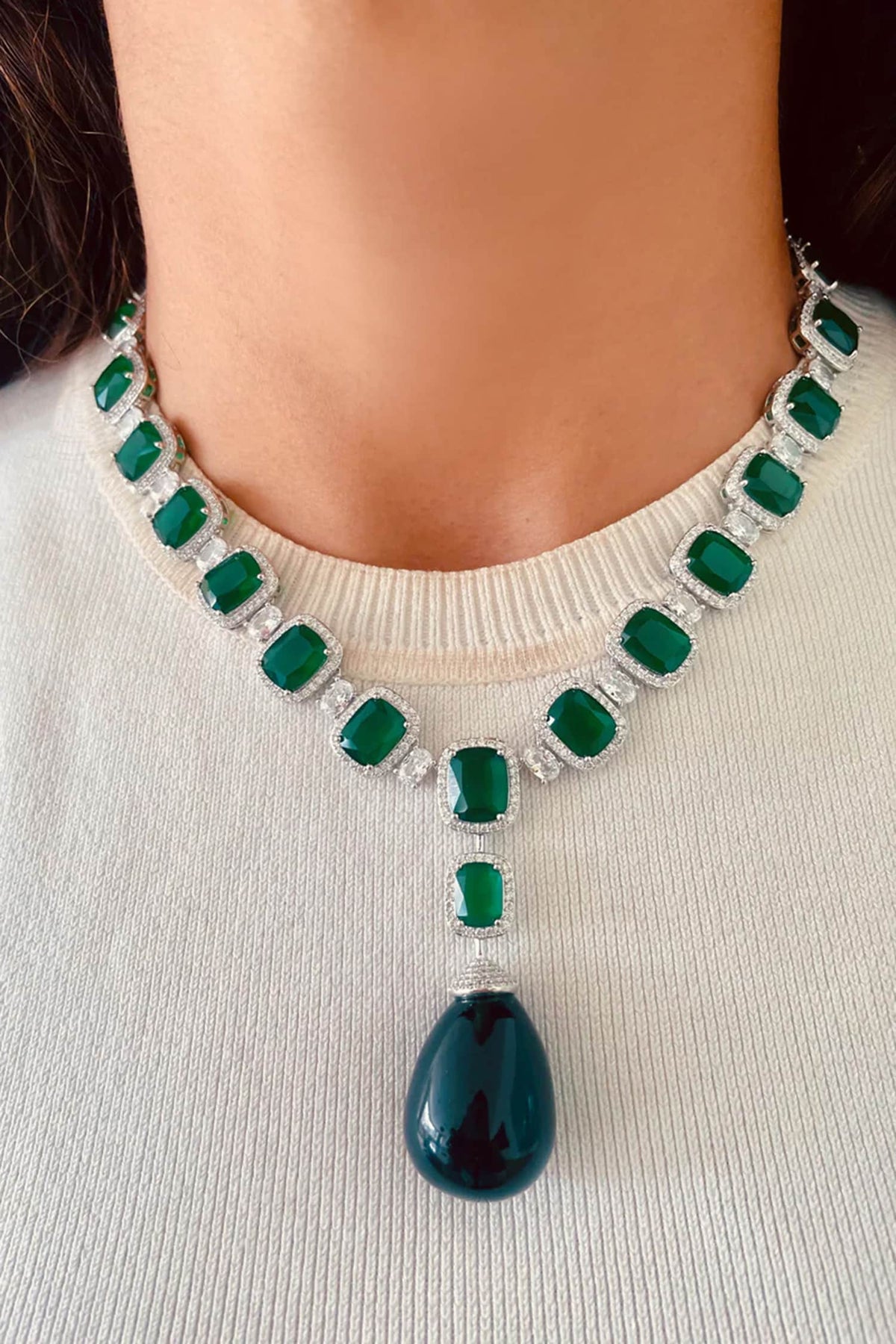 Zircon & Large Emerald Stone Necklace Set 