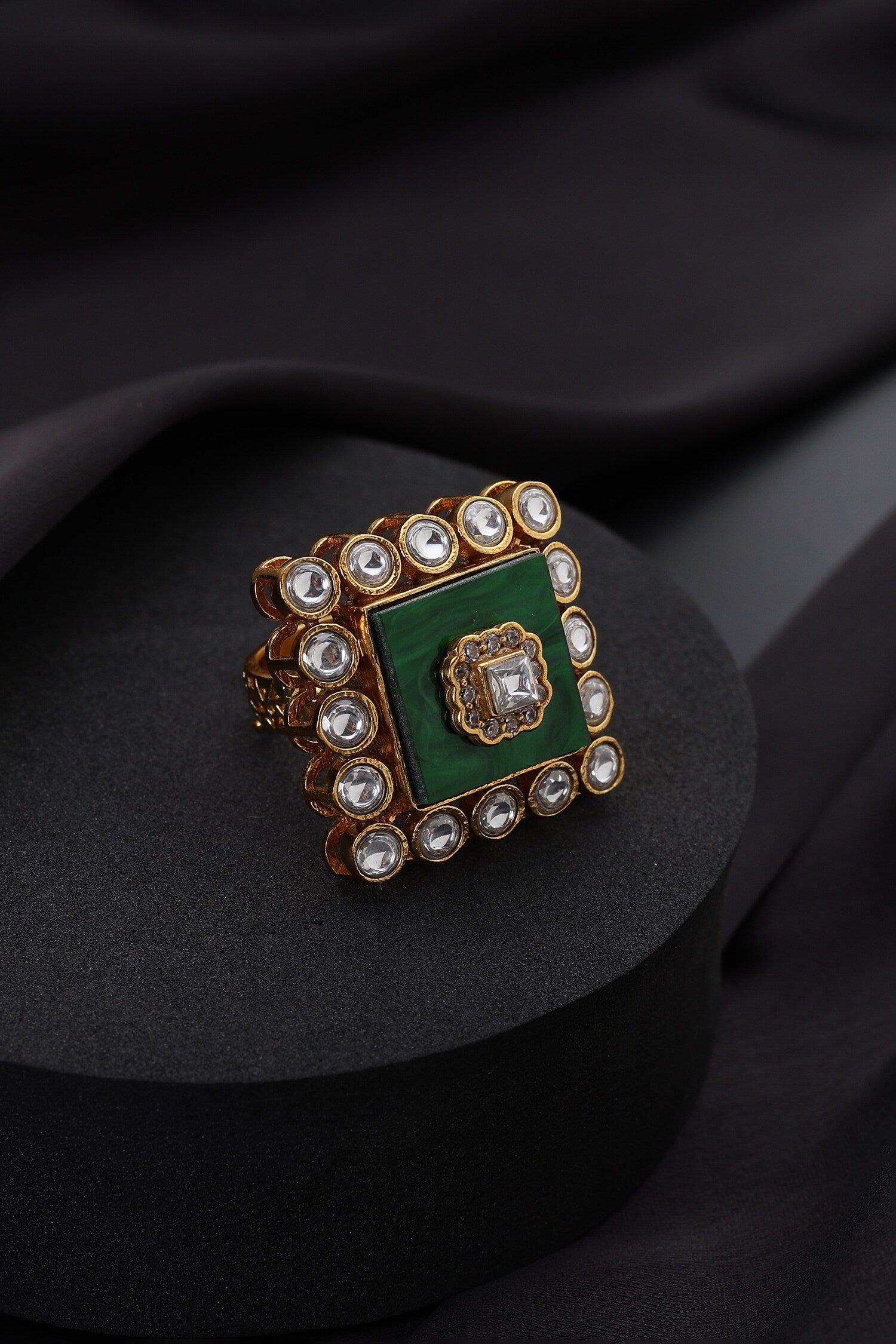 Green Kundan Adjustable Ring 