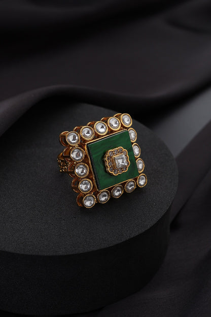 Green Kundan Adjustable Ring 