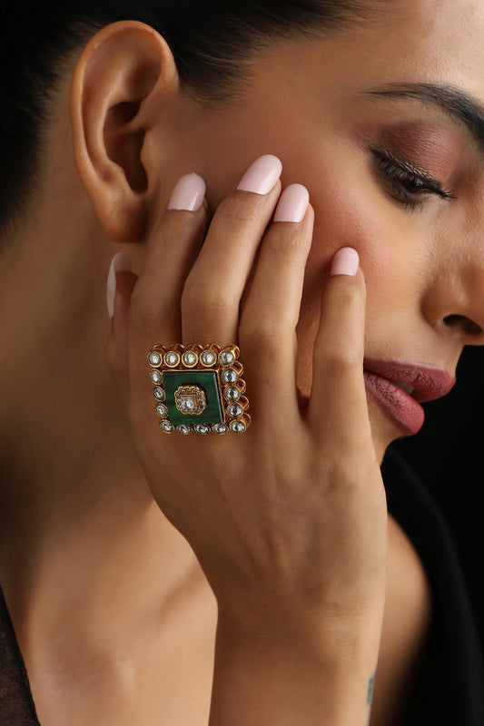 Green Kundan Adjustable Ring 