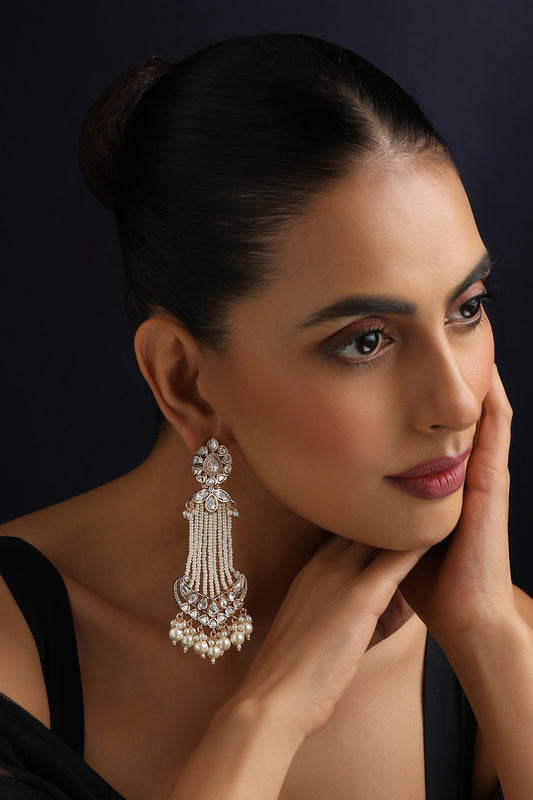 White Polki and Pearls Dangler Earrings 