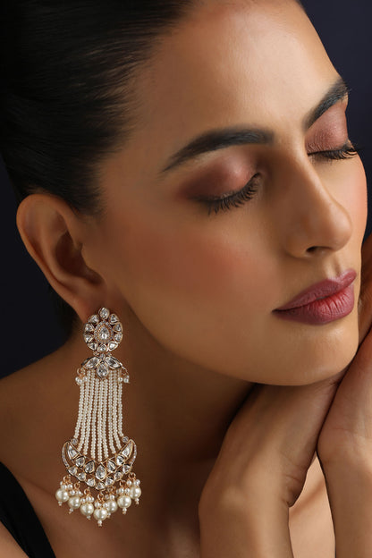 White Polki and Pearls Dangler Earrings 