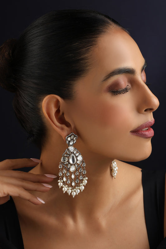 White Polki &  Pearls Dangler Earrings 