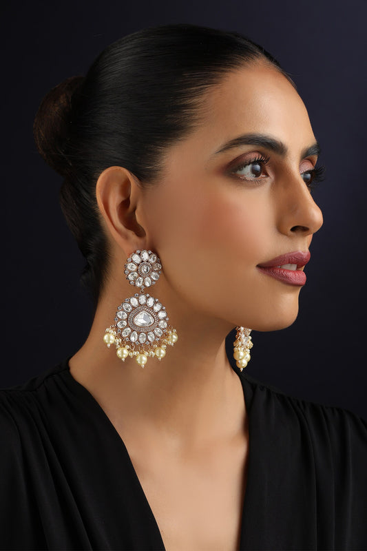 White Polki & Pearls Dangler Earrings 