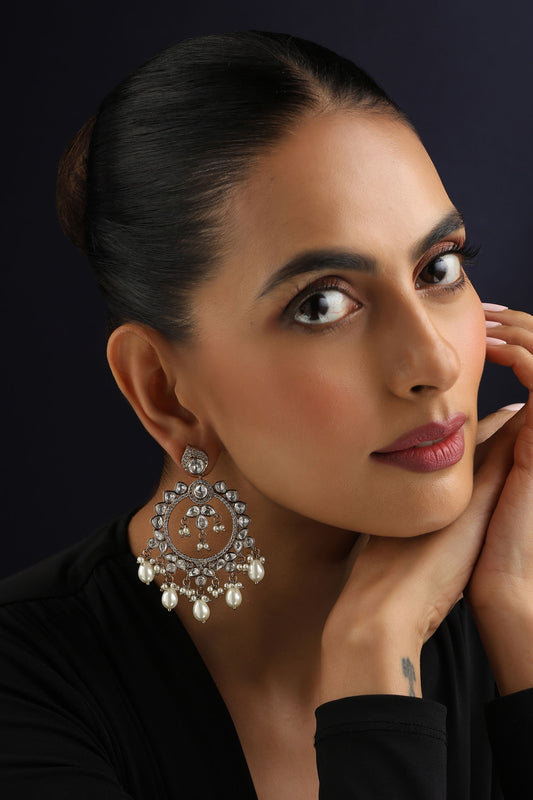White Polki & Pearls Chandbali Earrings 