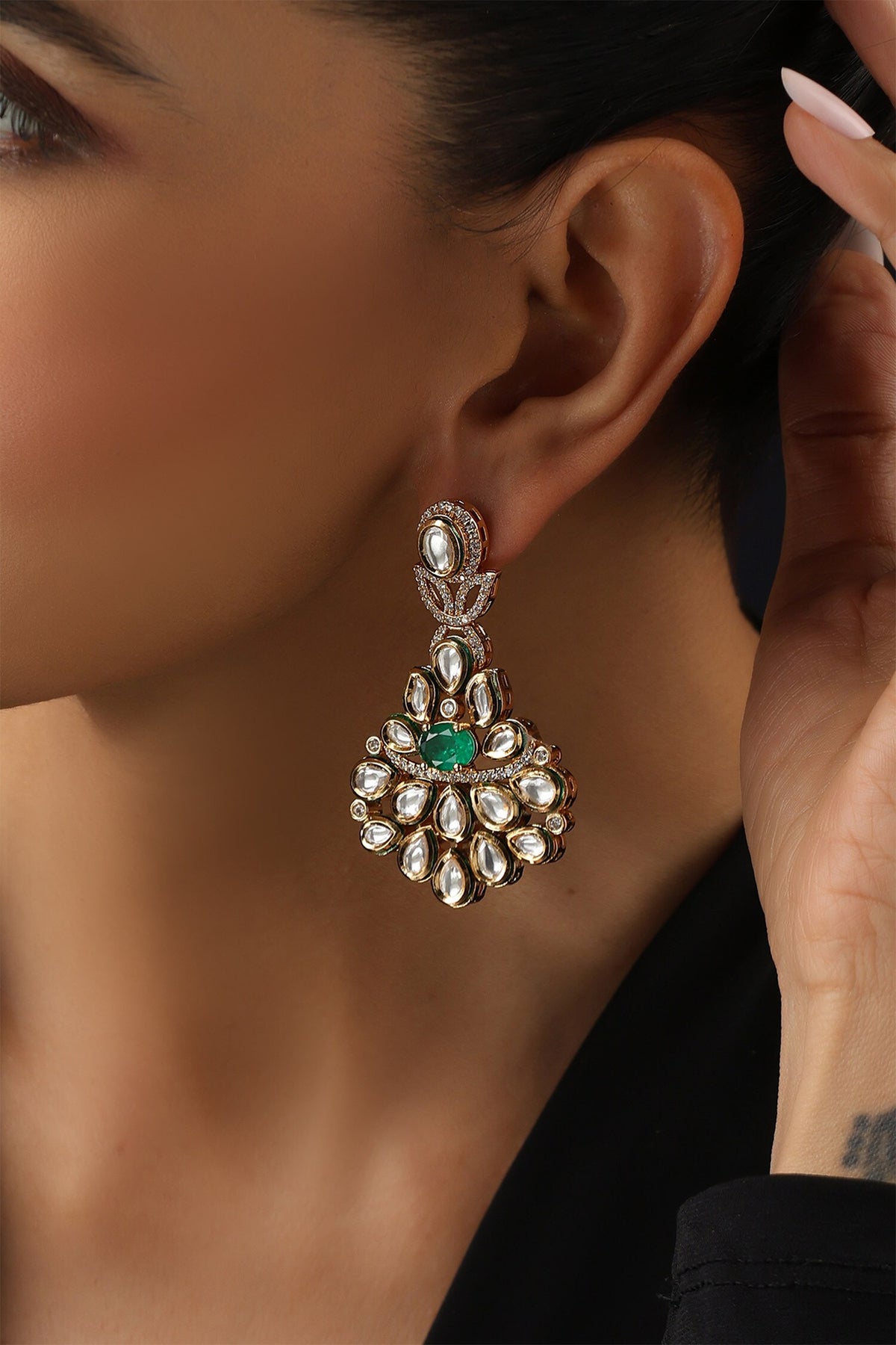 Green Kundan Dangler Earrings 
