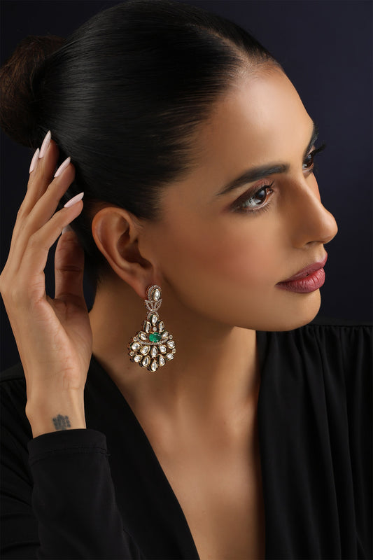 Green Kundan Dangler Earrings 