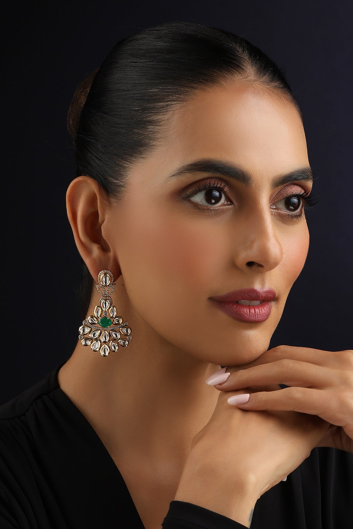 Green Kundan Dangler Earrings 