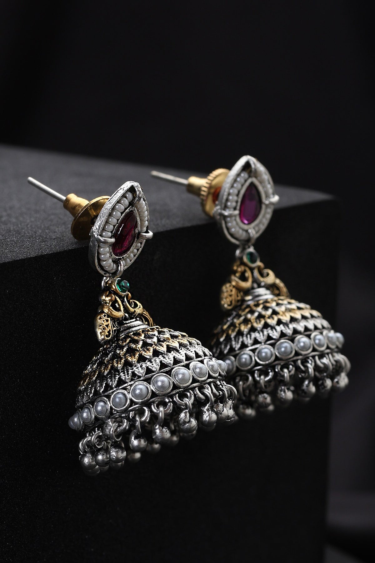 Red and Silver Jhumka Earrings 