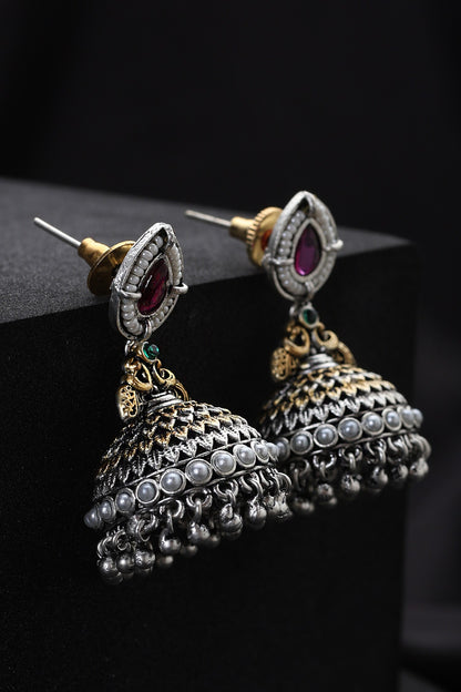 Red and Silver Jhumka Earrings 