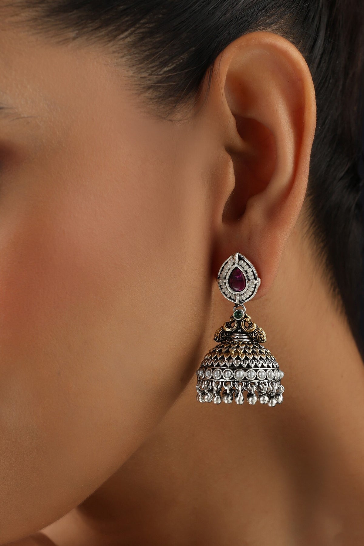 Red and Silver Jhumka Earrings 