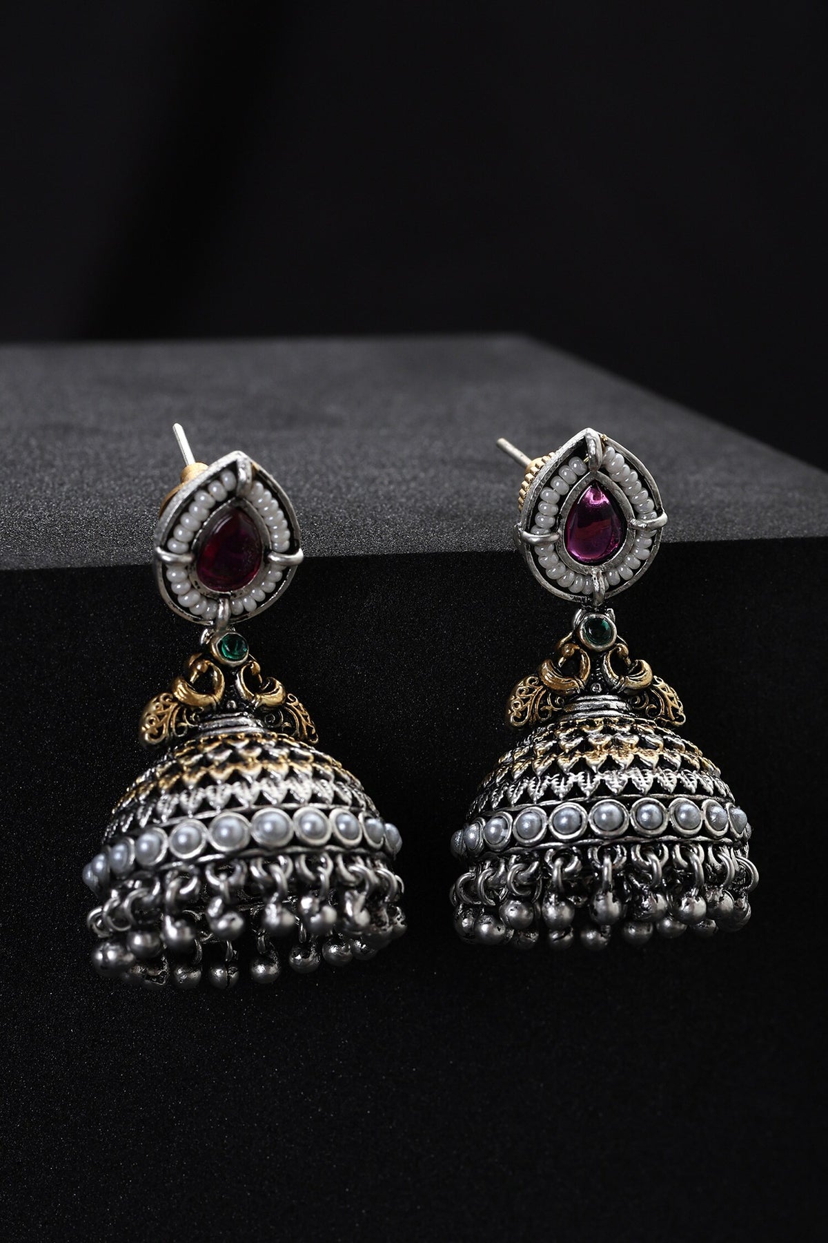 Red and Silver Jhumka Earrings 