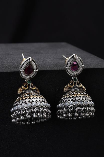 Red and Silver Jhumka Earrings 