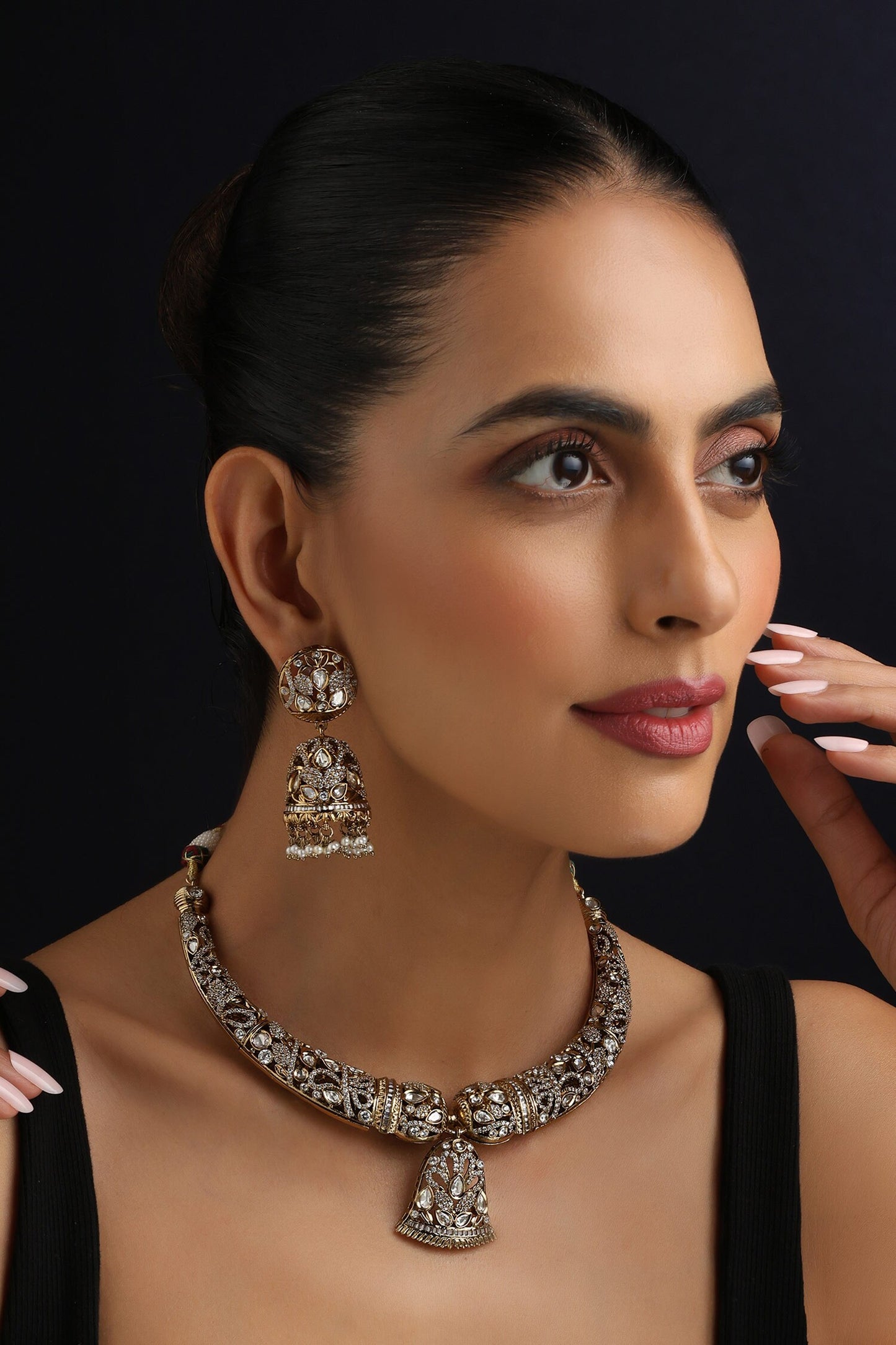 Gold Victorian Polki Hasli Necklace Set 