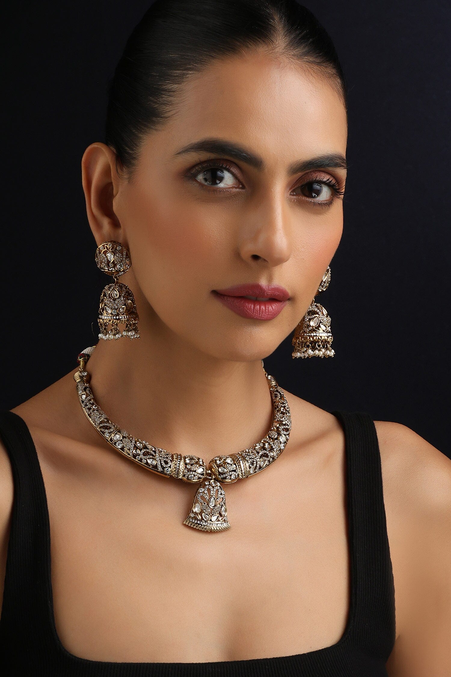 Gold Victorian Polki Hasli Necklace Set 