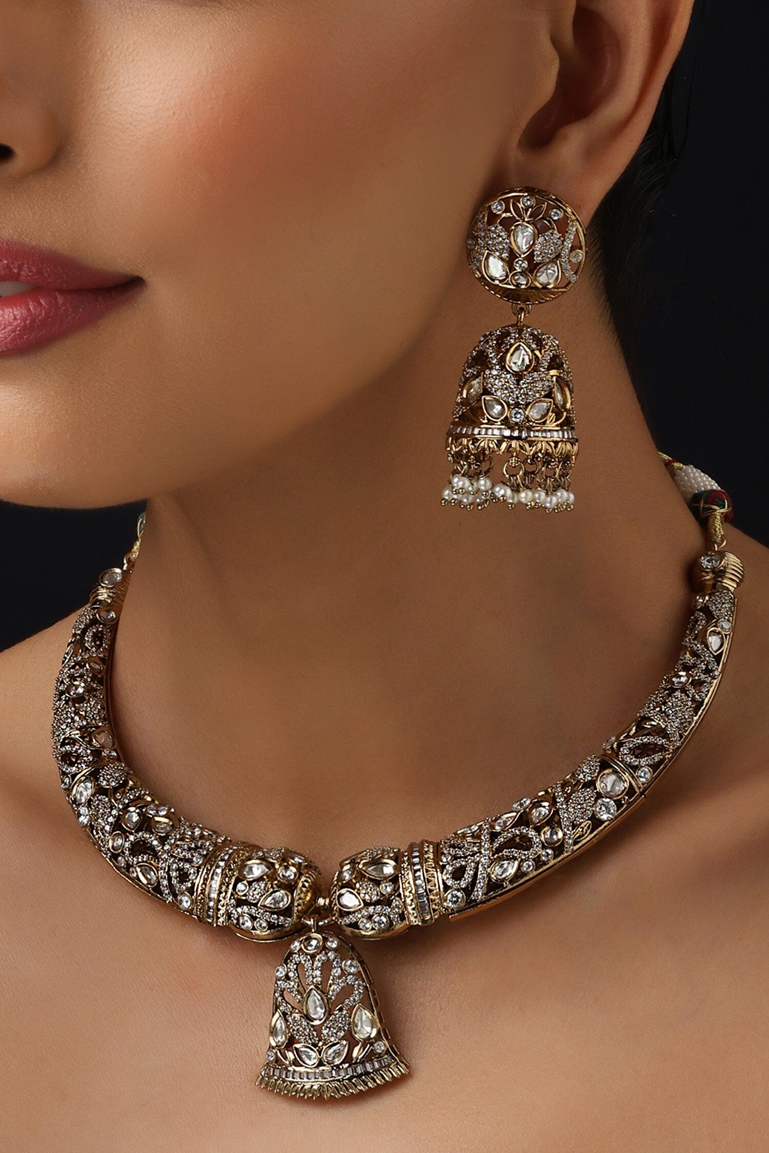 Gold Victorian Polki Hasli Necklace Set 