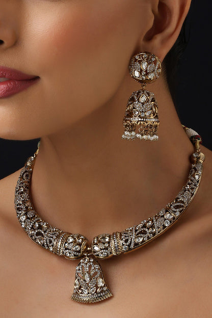 Gold Victorian Polki Hasli Necklace Set 