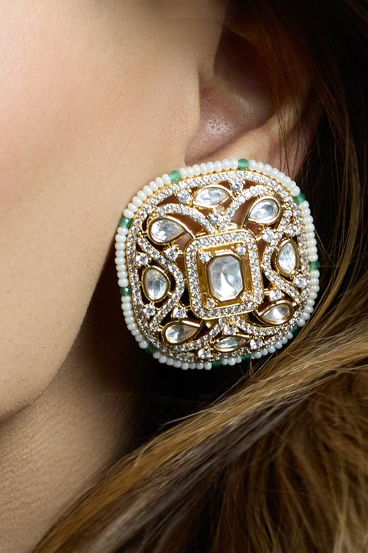Emerald Bloom Polki Stud Earrings 