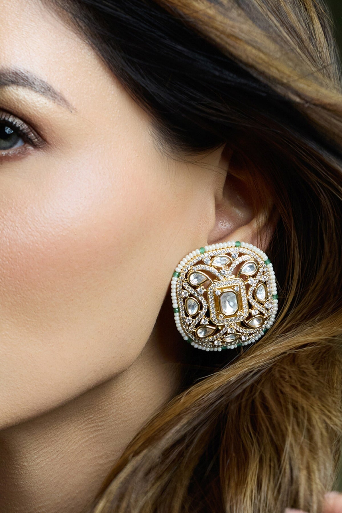 Emerald Bloom Polki Stud Earrings 