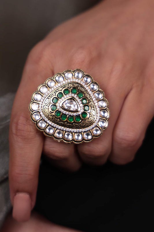 Abstract Kundan & Green Enamelled Ring 