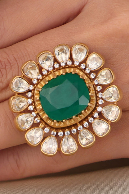 Emerald Bloom Kundan Studded Ring 