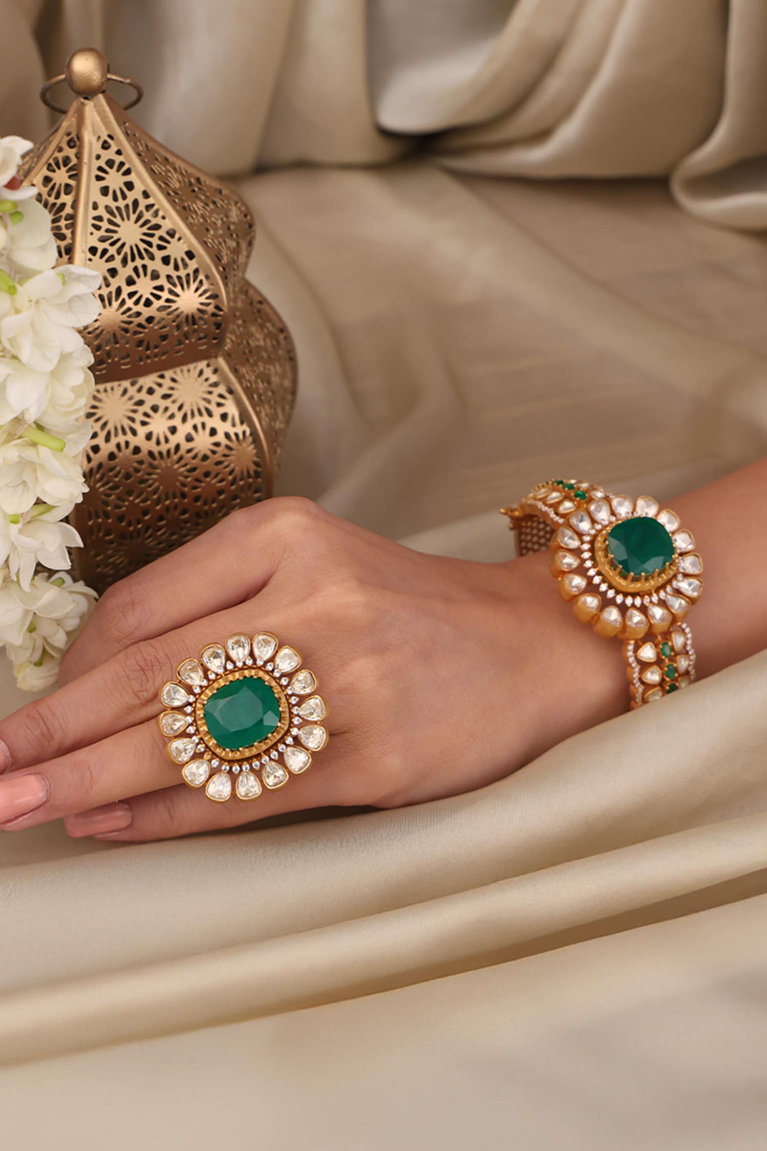 Emerald Bloom Kundan Studded Ring 