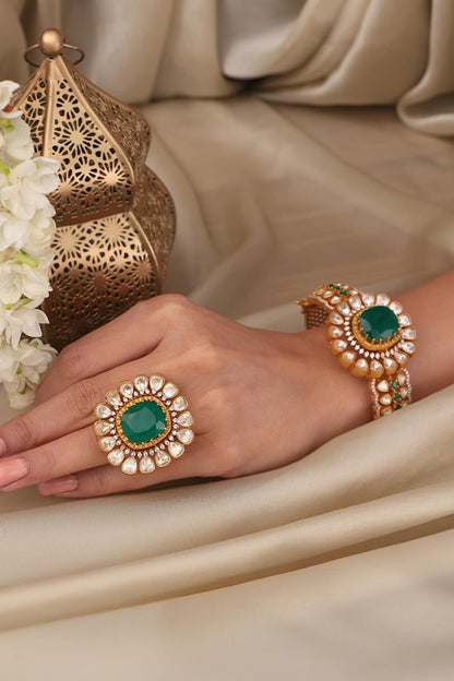 Emerald Bloom Kundan Studded Ring 