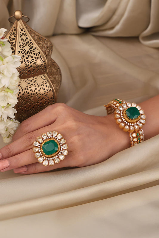 Emerald Bloom Kundan Studded Ring 