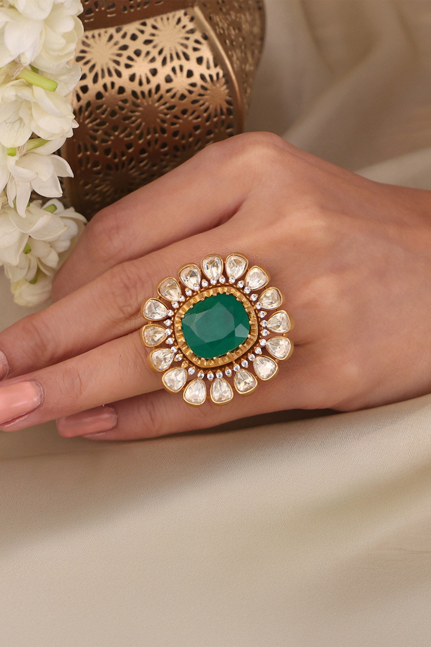 Emerald Bloom Kundan Studded Ring 
