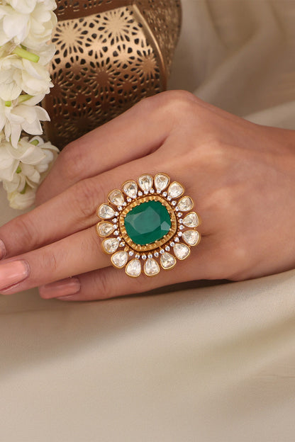 Emerald Bloom Kundan Studded Ring 