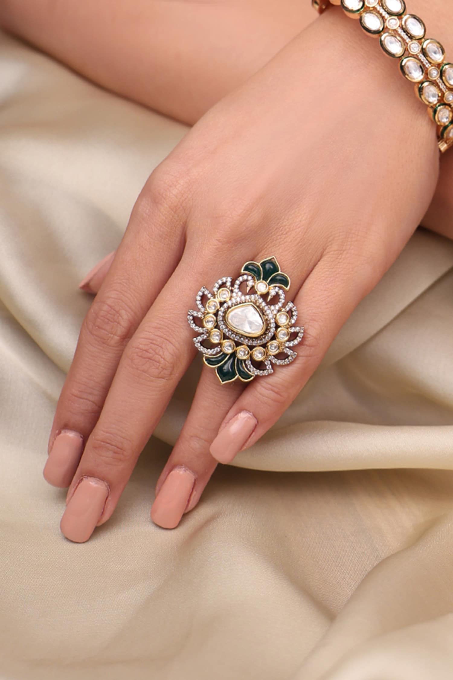 Emerald Leaf Kundan Embellished Ring 
