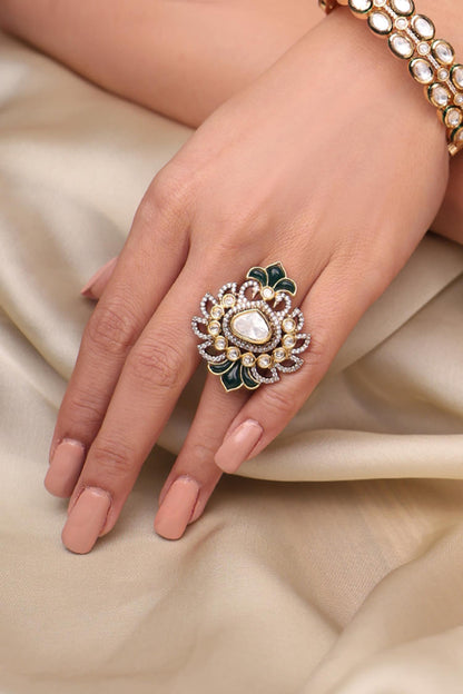 Emerald Leaf Kundan Embellished Ring 