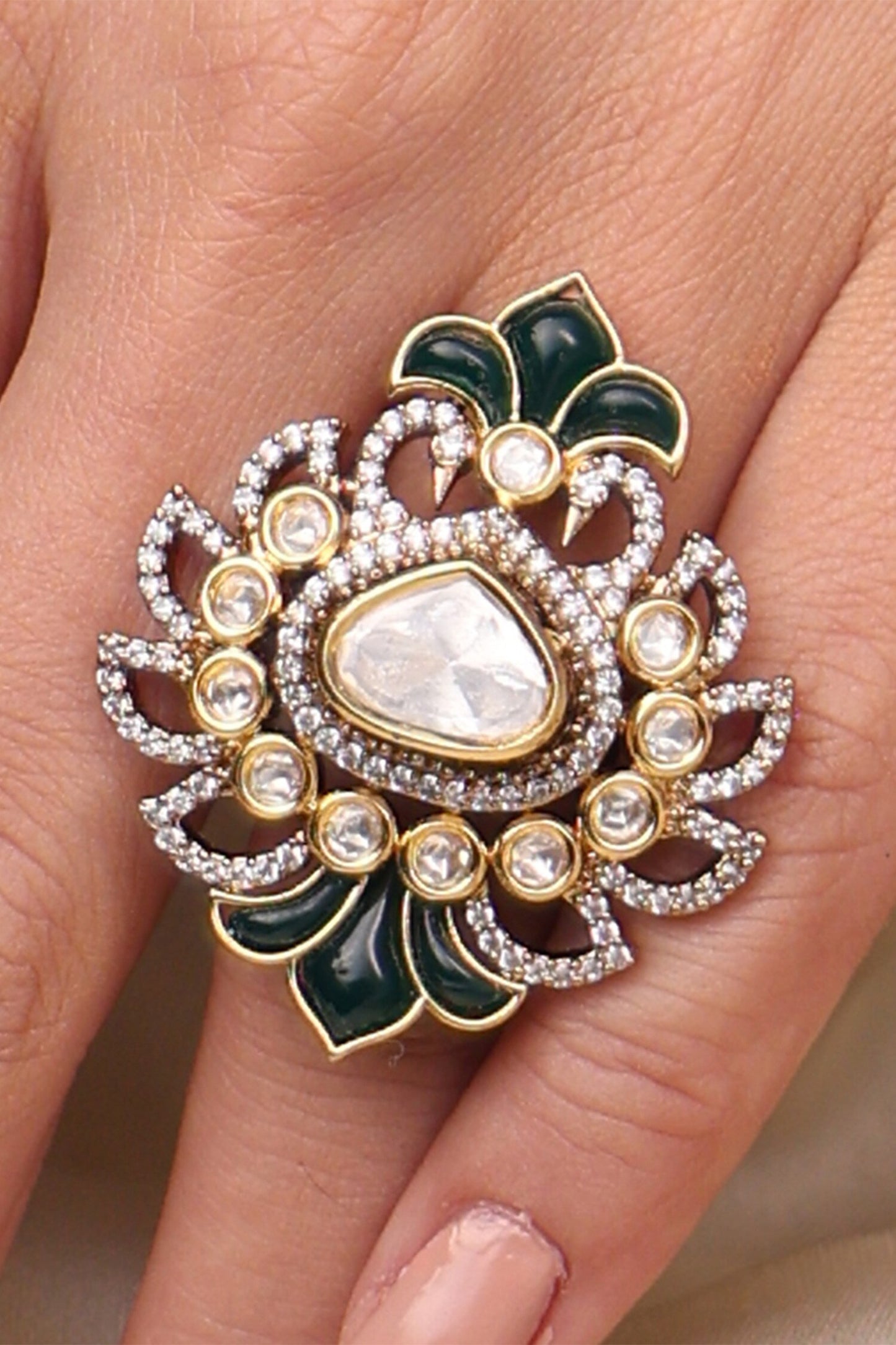 Emerald Leaf Kundan Embellished Ring 