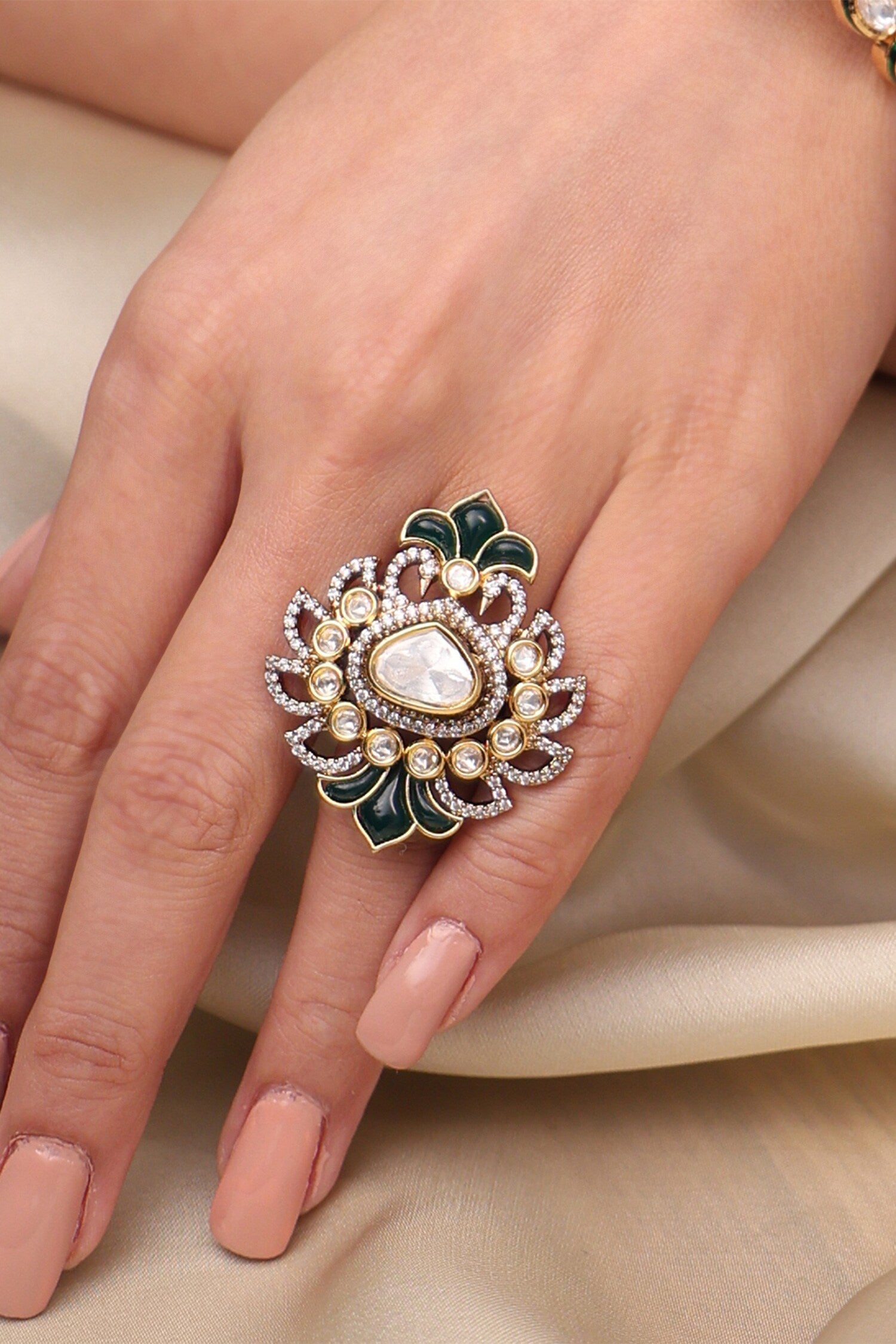 Emerald Leaf Kundan Embellished Ring 