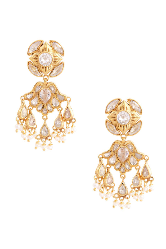 Roshnara Zircon & Pearl Gold Polish Drop Earrings 