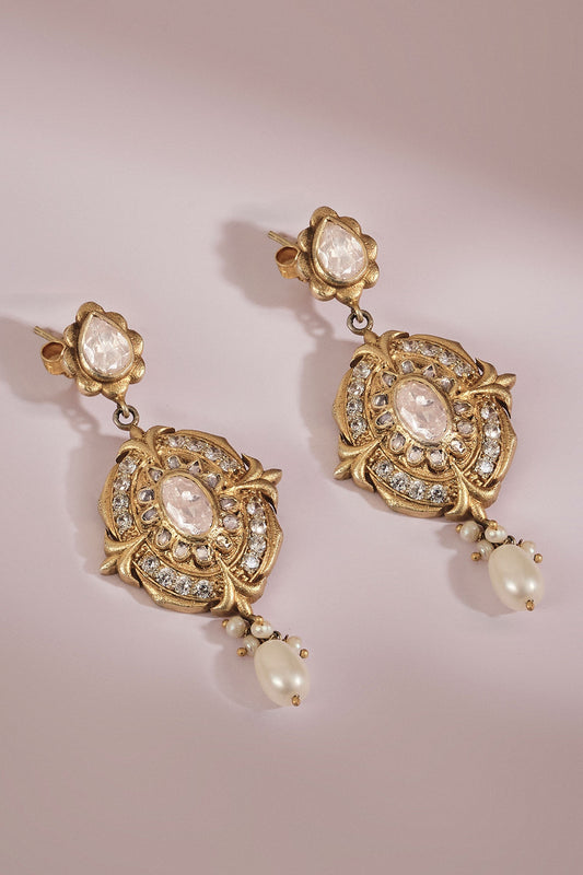 Meghlekha Zircon & Pearl Drop Gold Polish Earrings 