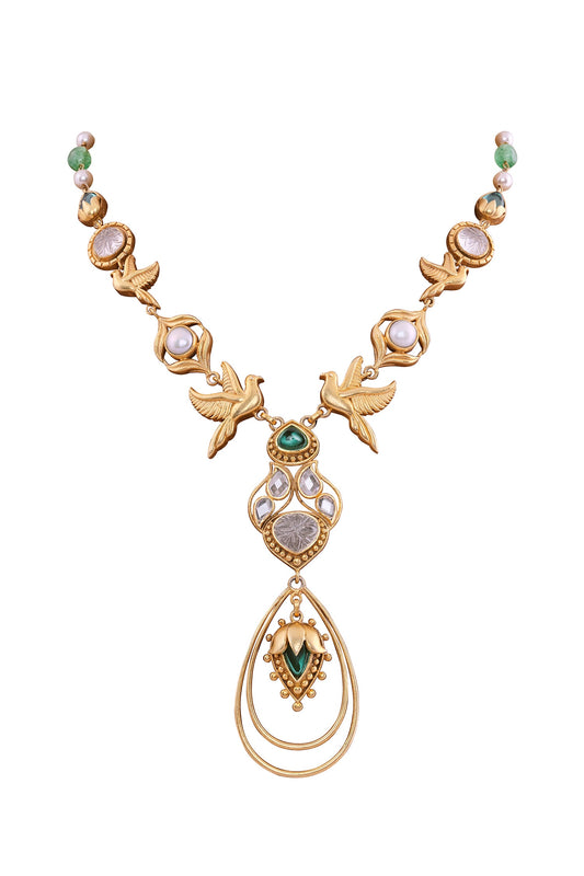 Osfour Zircon & Pearl Embellished Bird Motif Necklace 
