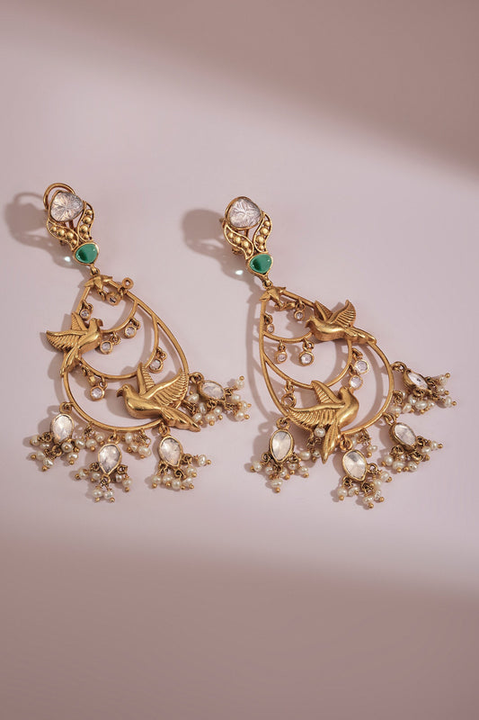 Noham Bird Motif Zircon & Pearl Drop Earrings 