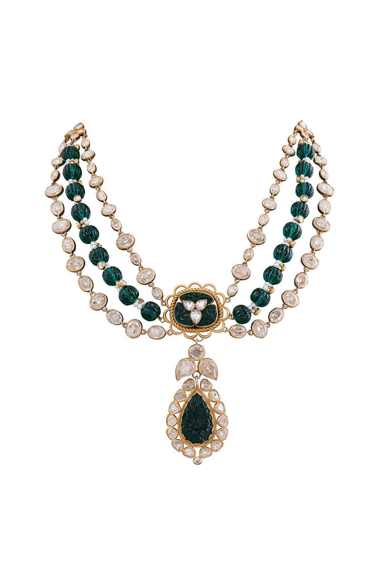 Sehrish Zircon & Carved Green Onyx Beaded Necklace 