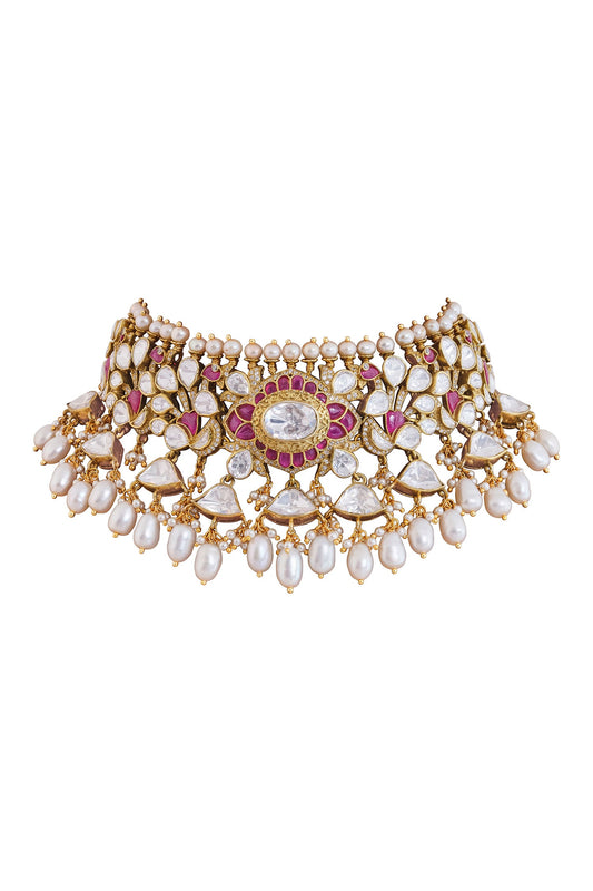 Mifraz Gold Polish Zircon & Pearl Choker 