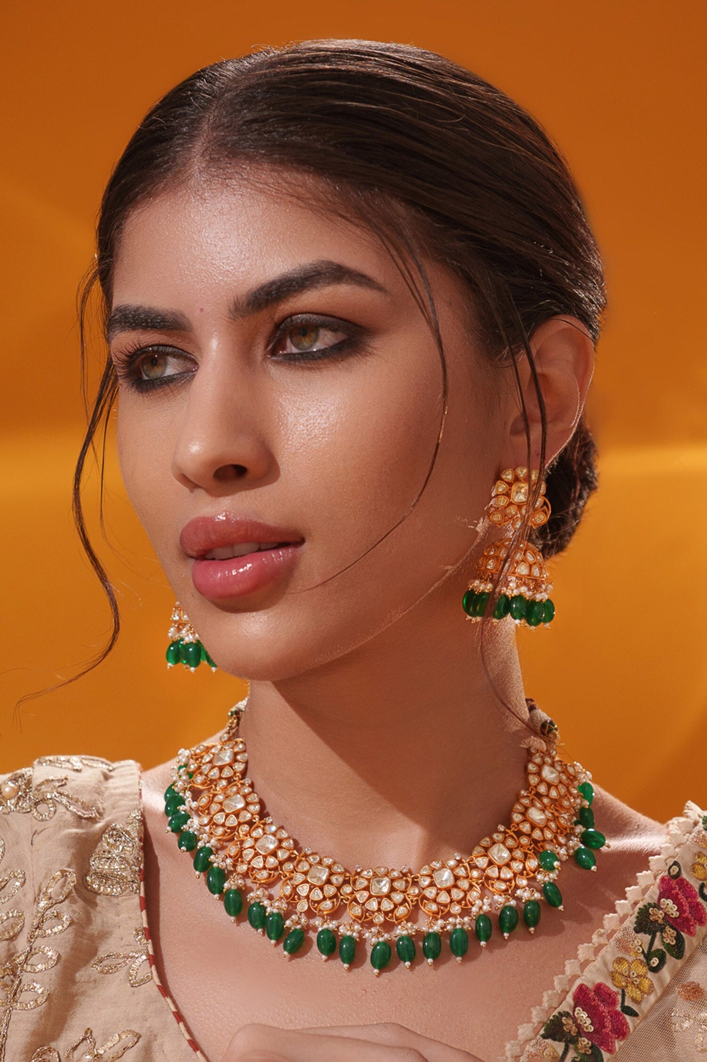 Green Bead Drop Necklace Set 