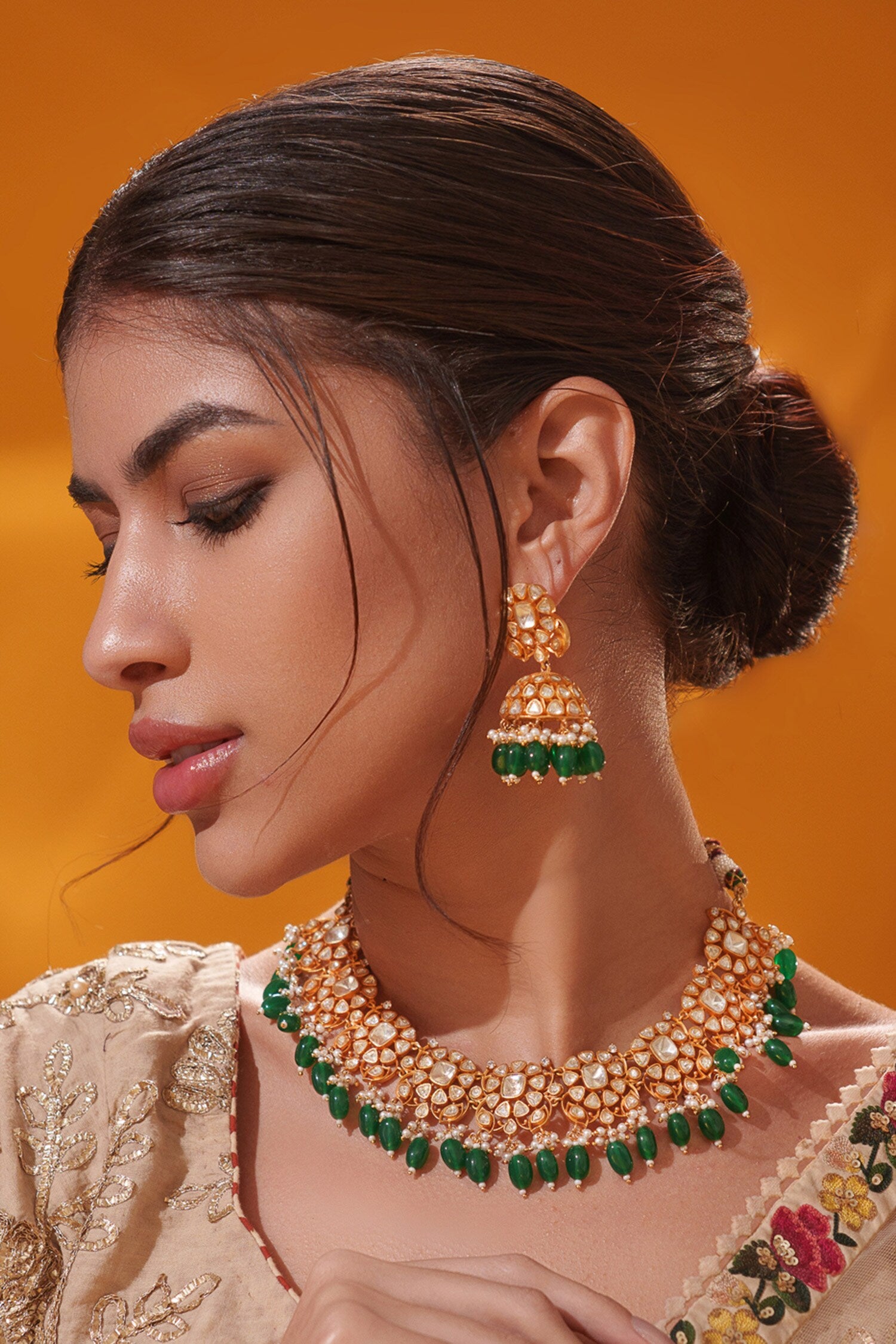 Green Bead Drop Necklace Set 