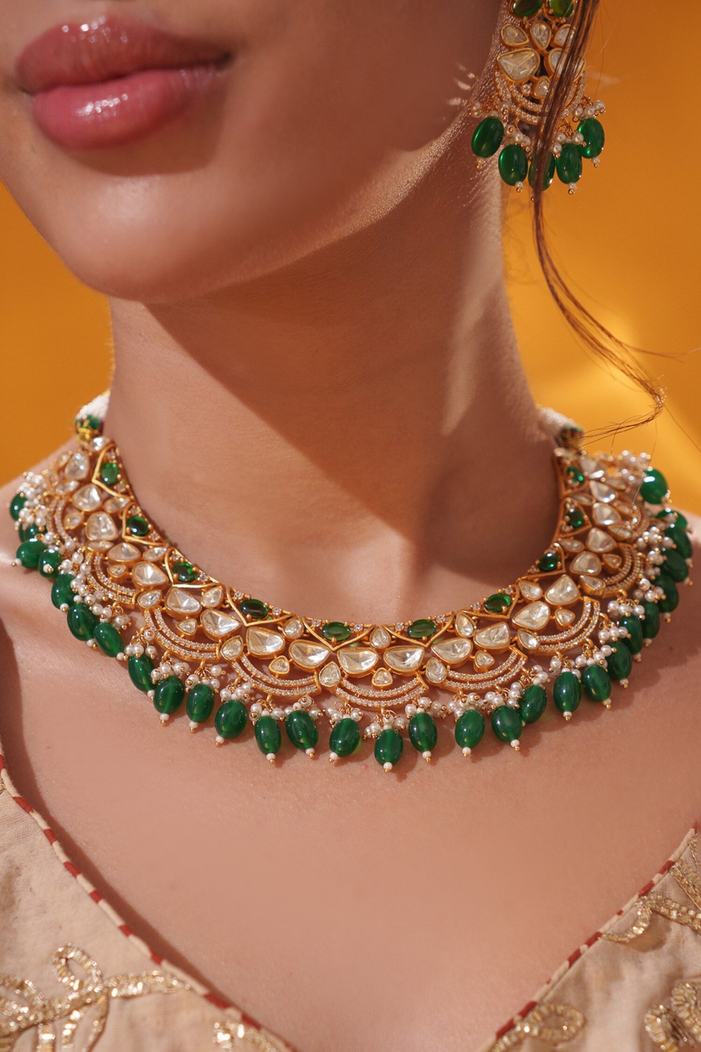 Green Bead Drop Necklace Set 